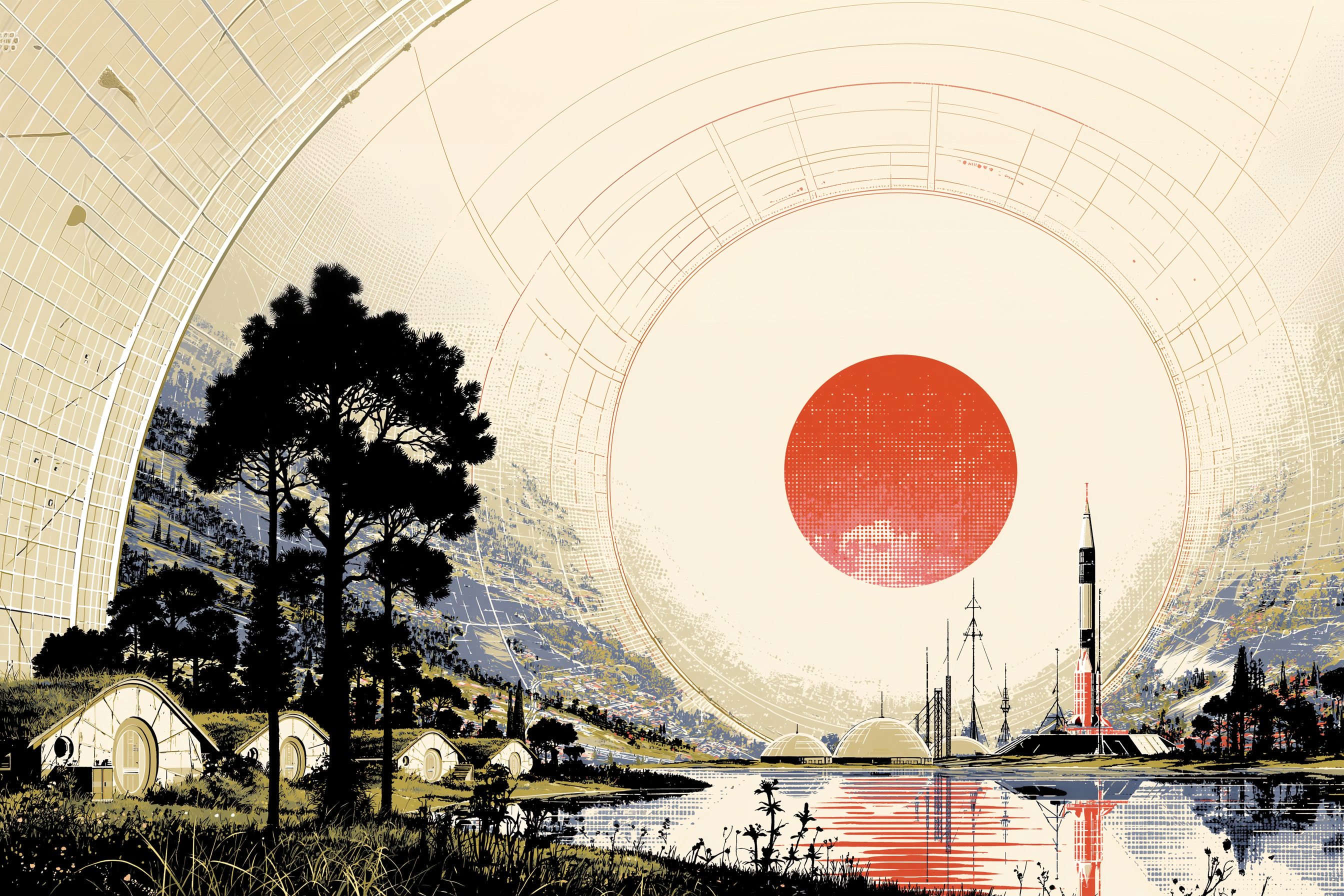 A red sun over a commons of domes, water, and spires